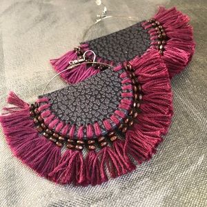 Handmade Bohemian fringe tassel hoop earrings wine